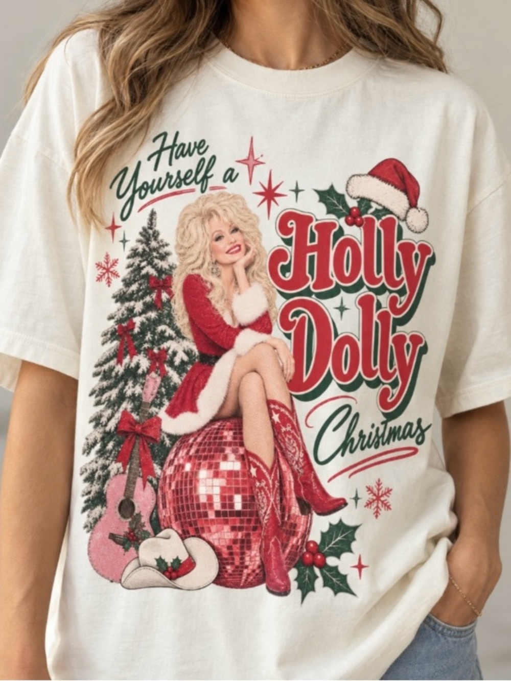 Gildan Holly Dolly Christmas Graphic Tee - Cream with Red & Green